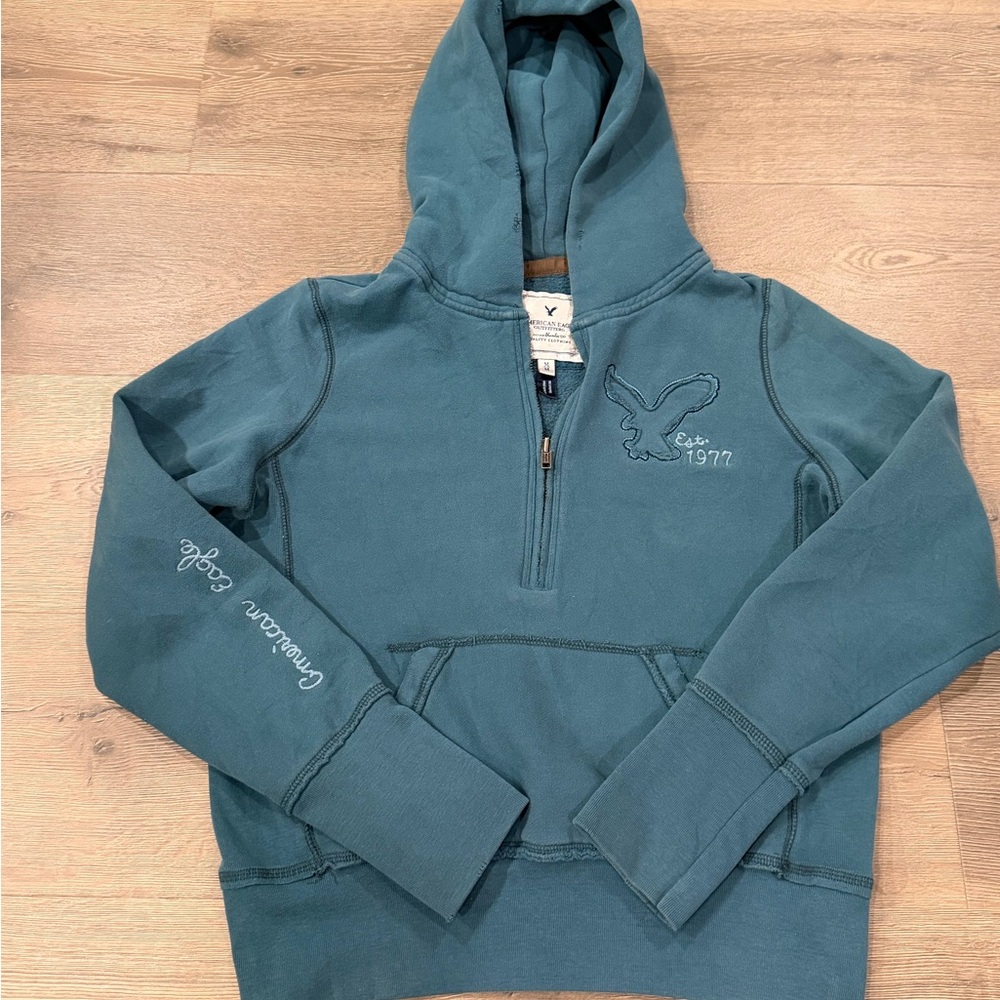 American Eagle Y2K Vintage Distressed Teal Quarter Zip Hoodie Women M